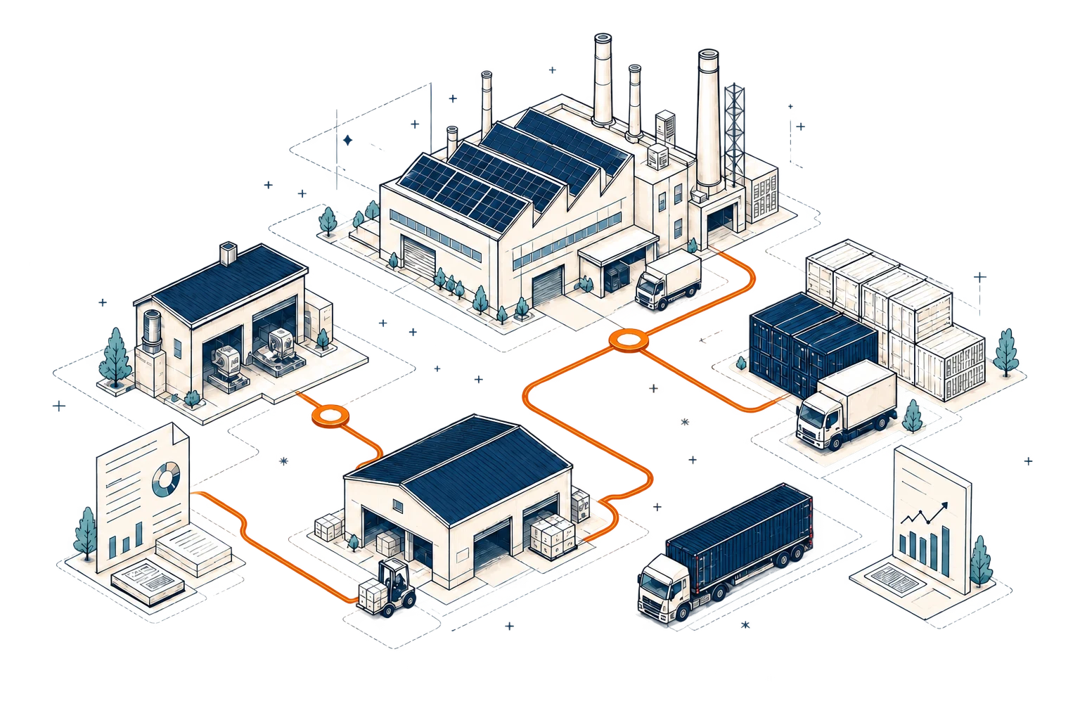 Illustrated network connecting Indian factories, warehouses, logistics and financial reporting