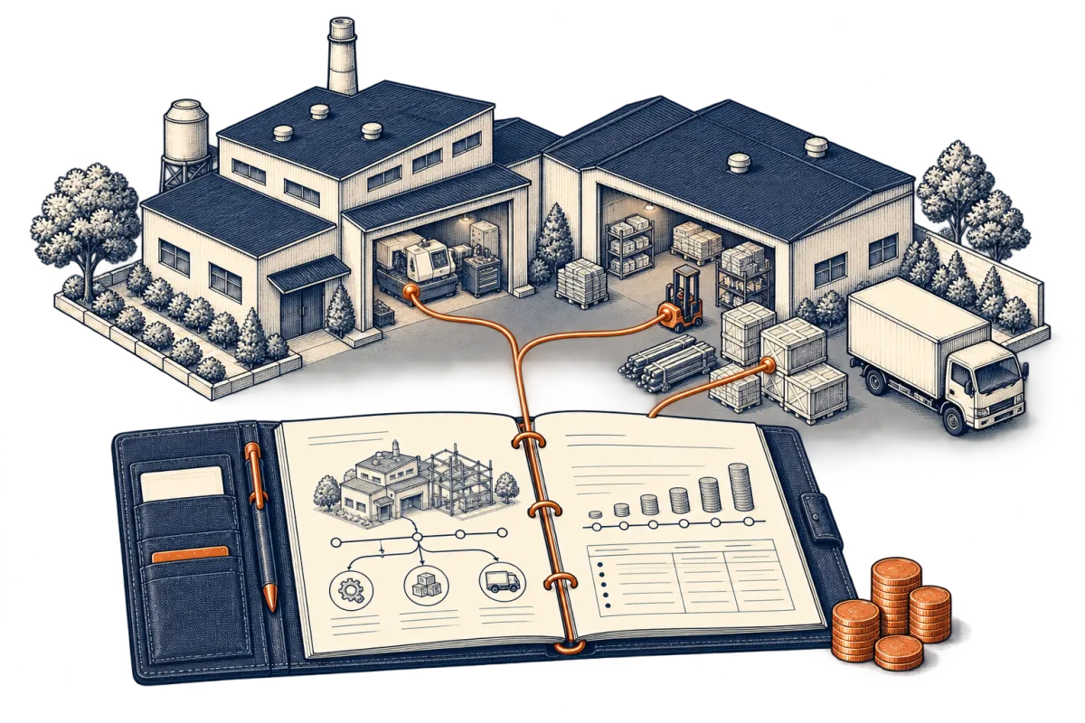 Isometric illustration of a funding file connected to factory machinery, inventory and deliveries