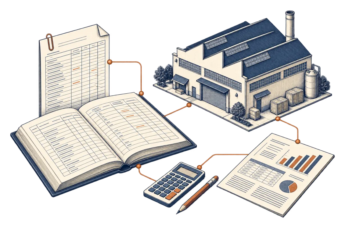 Isometric sketch connecting an open ledger, cash planning sheet, industrial workshop and financial report