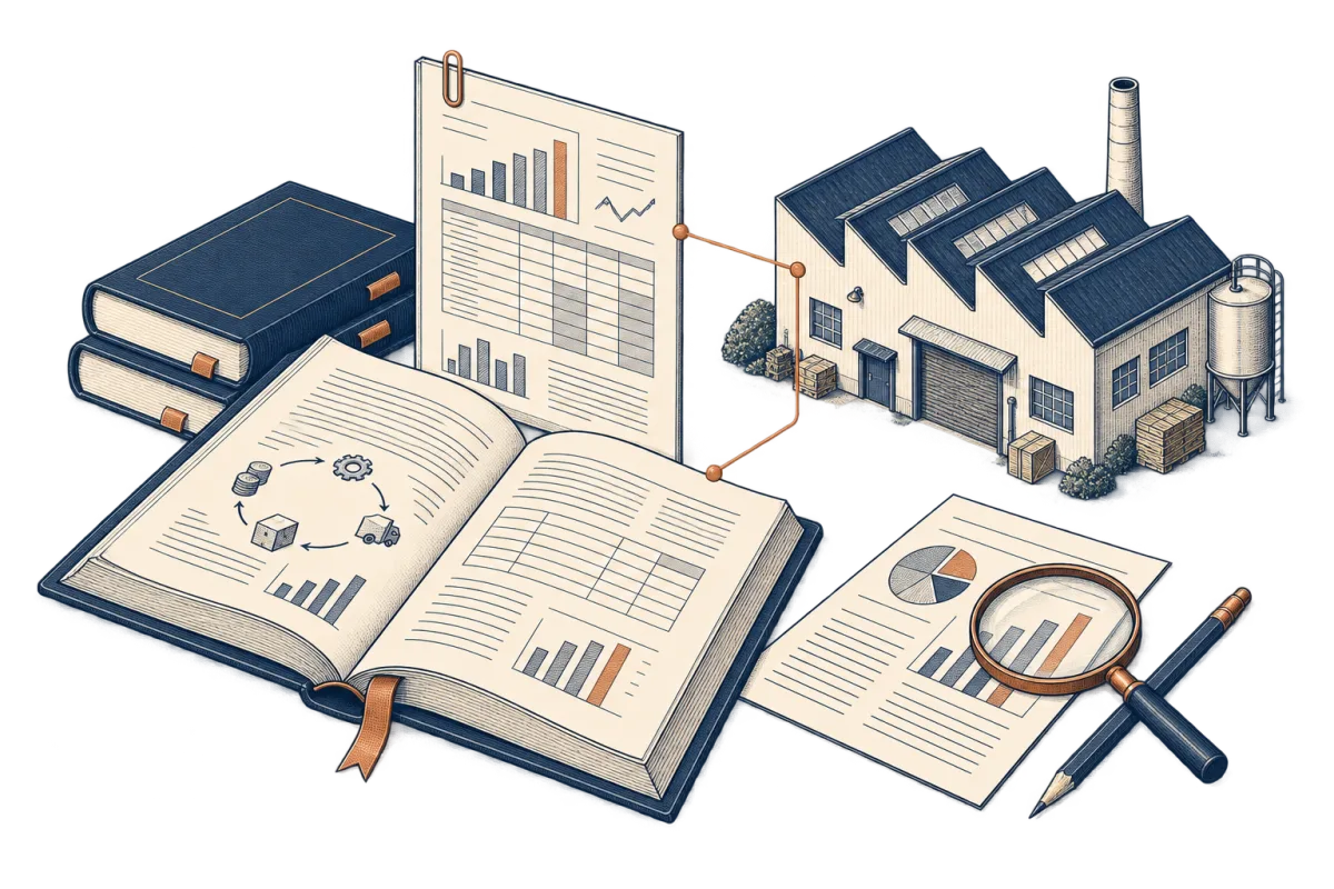 Isometric sketch of practical finance guides, annotated reports and an industrial workshop