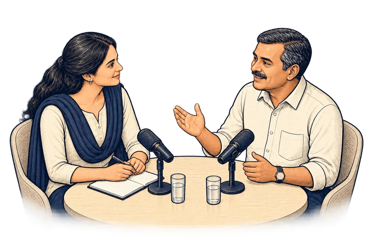 Close-up illustration of a podcast host and business founder in conversation across a round table with microphones