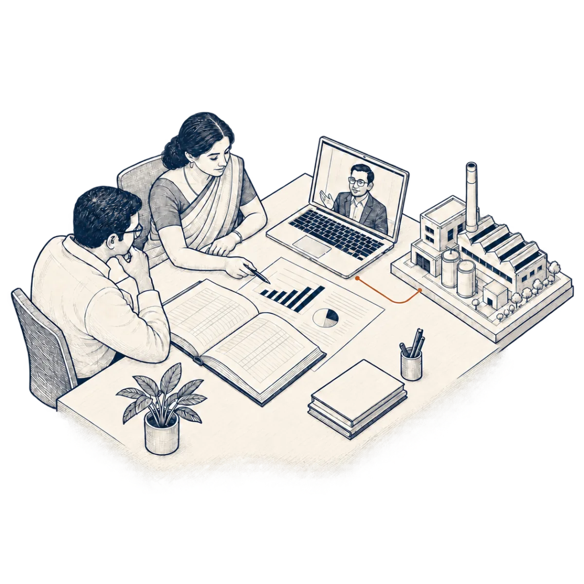 Isometric sketch of a business team reviewing financial reports with a CFO joining remotely, alongside a model of their factory.